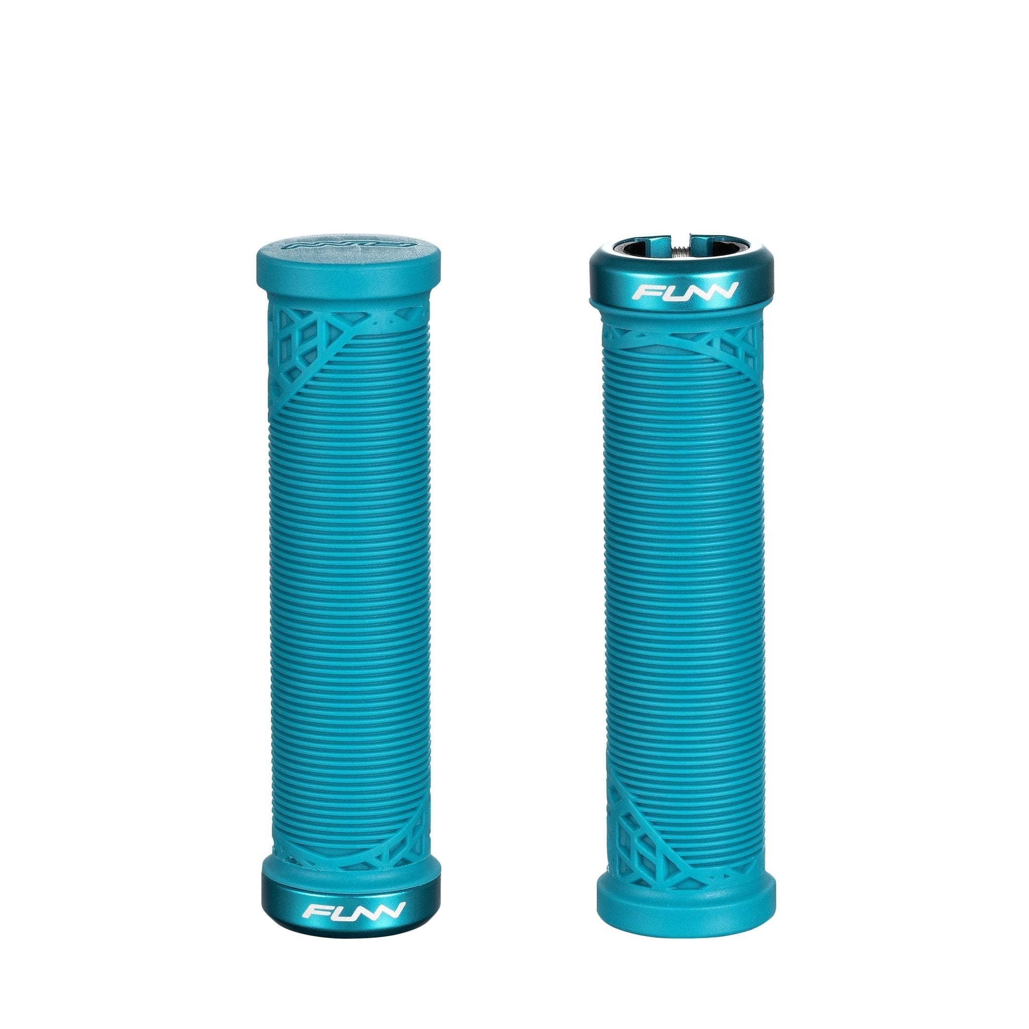 Funn mountain bike components - Hilt JR Lock - On Grips Red in a white background.