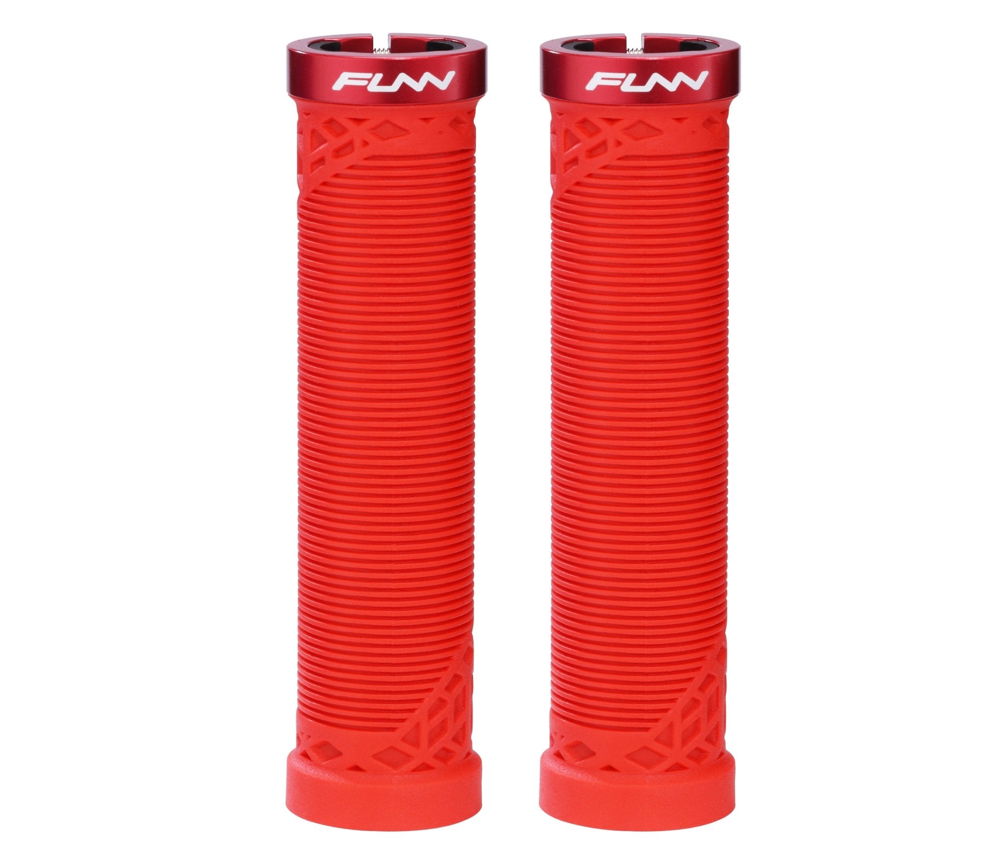 Funn mountain bike components - Hilt Lock - On Grips Red in a white background.