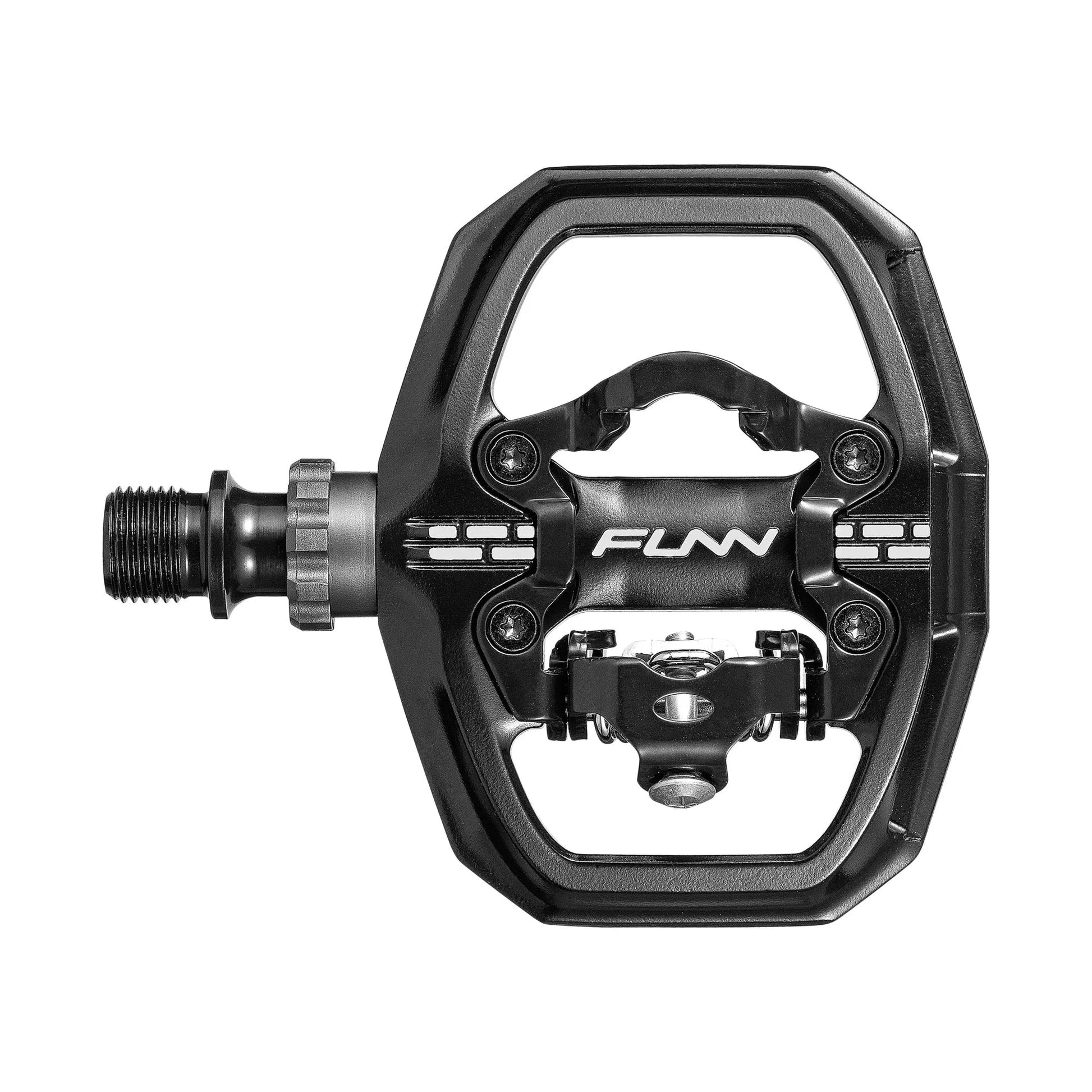 Funn mountain bike components - Clast Clip-In Pedals Black in a white background.