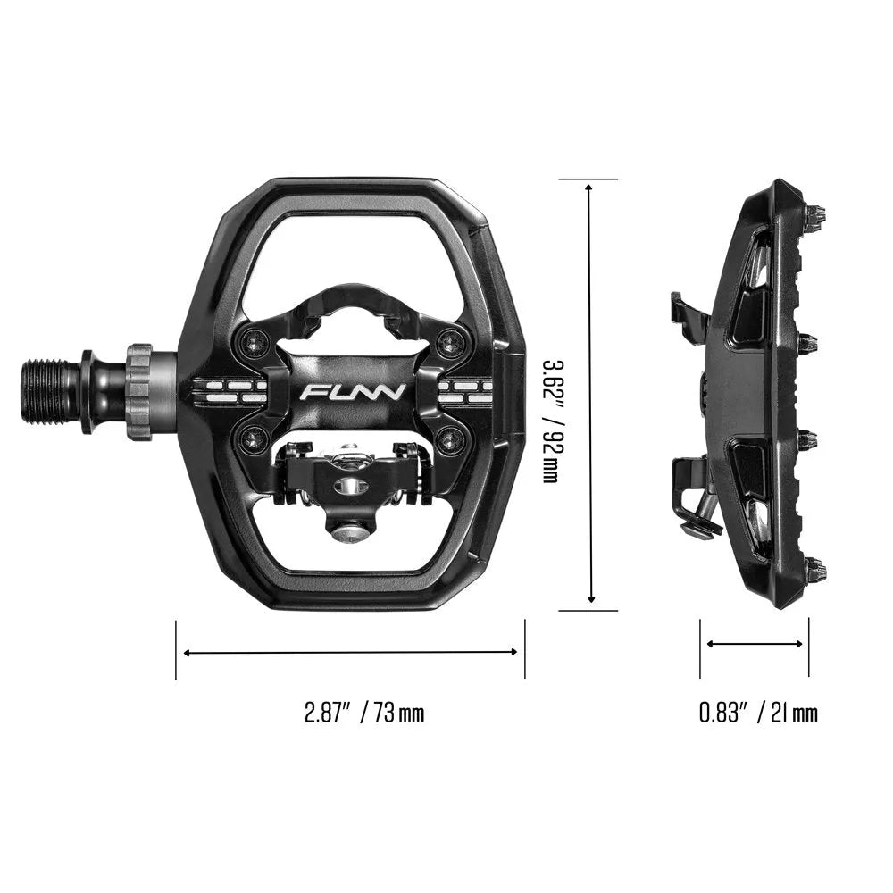Funn Clast Clip-In Pedals are shown from top and side views with labeled dimensions: 3.62 inches (92 mm) tall, 2.87 inches (73 mm) wide, and 0.83 inches (21 mm) thick, featuring a durable flat platform design.