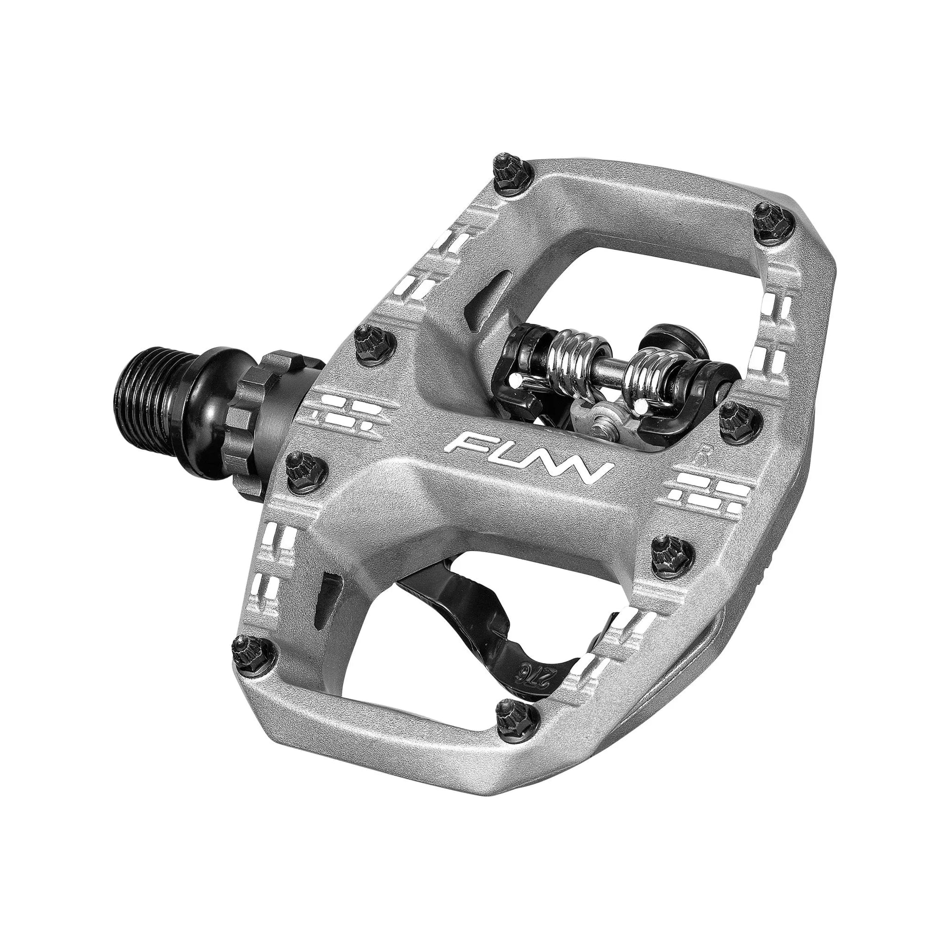 Funn mountain bike components - Clast Clip-In Pedals Silver in a white background.