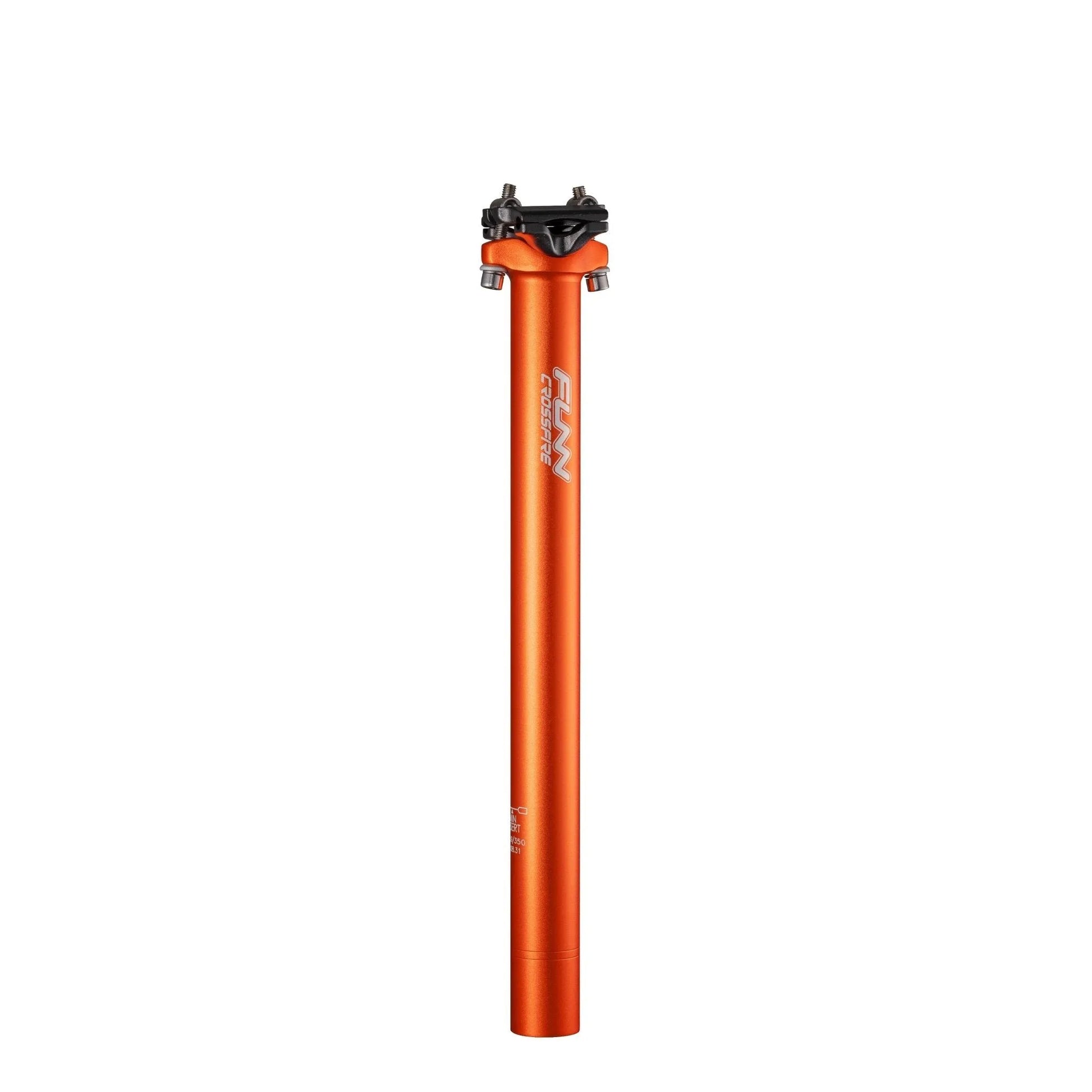 Funn mountain bike components - Crossfire Seatpost Orange 27.2mm 350mm in a white background.