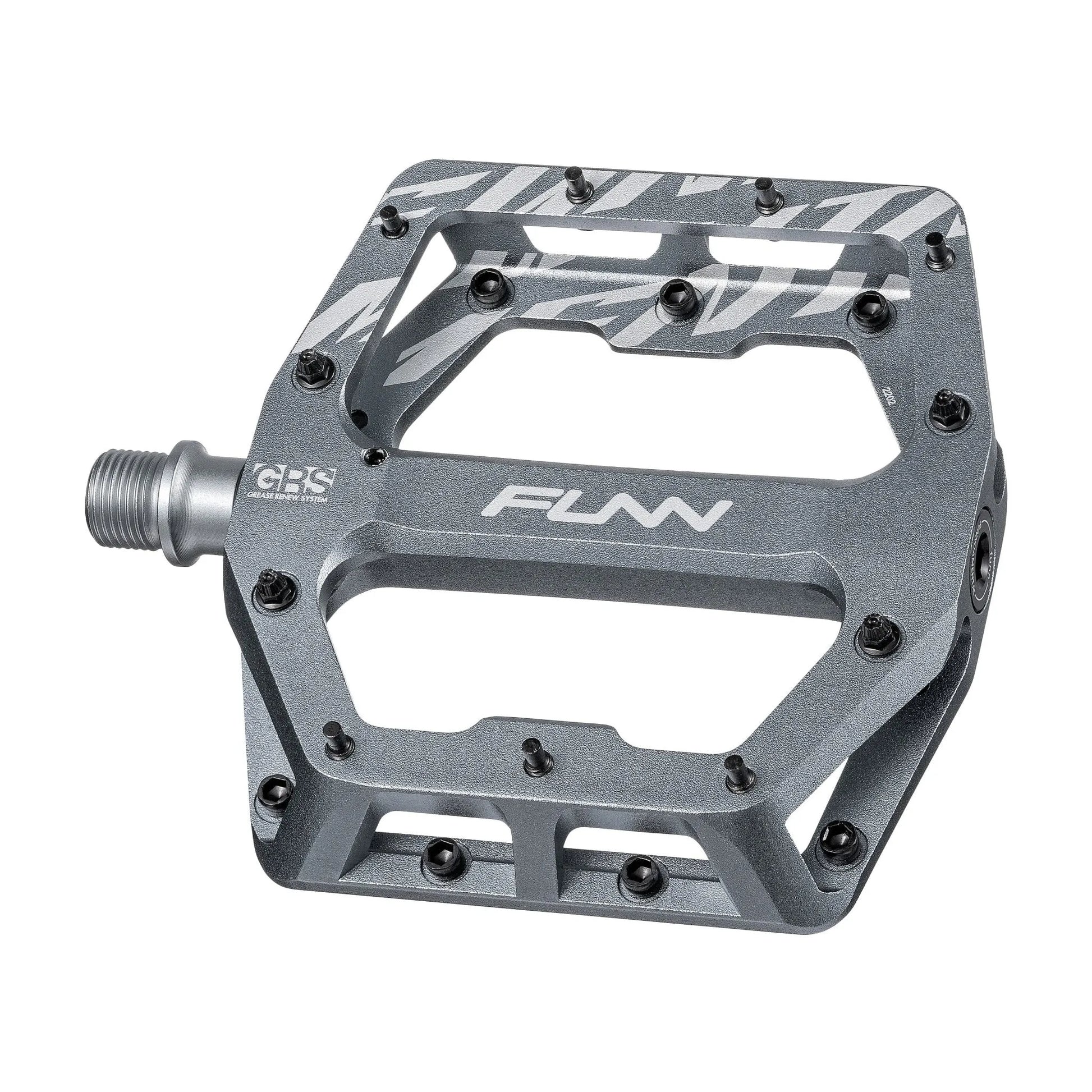 Funn mountain bike components - Funndamental Flat Pedals Grey in a white background.