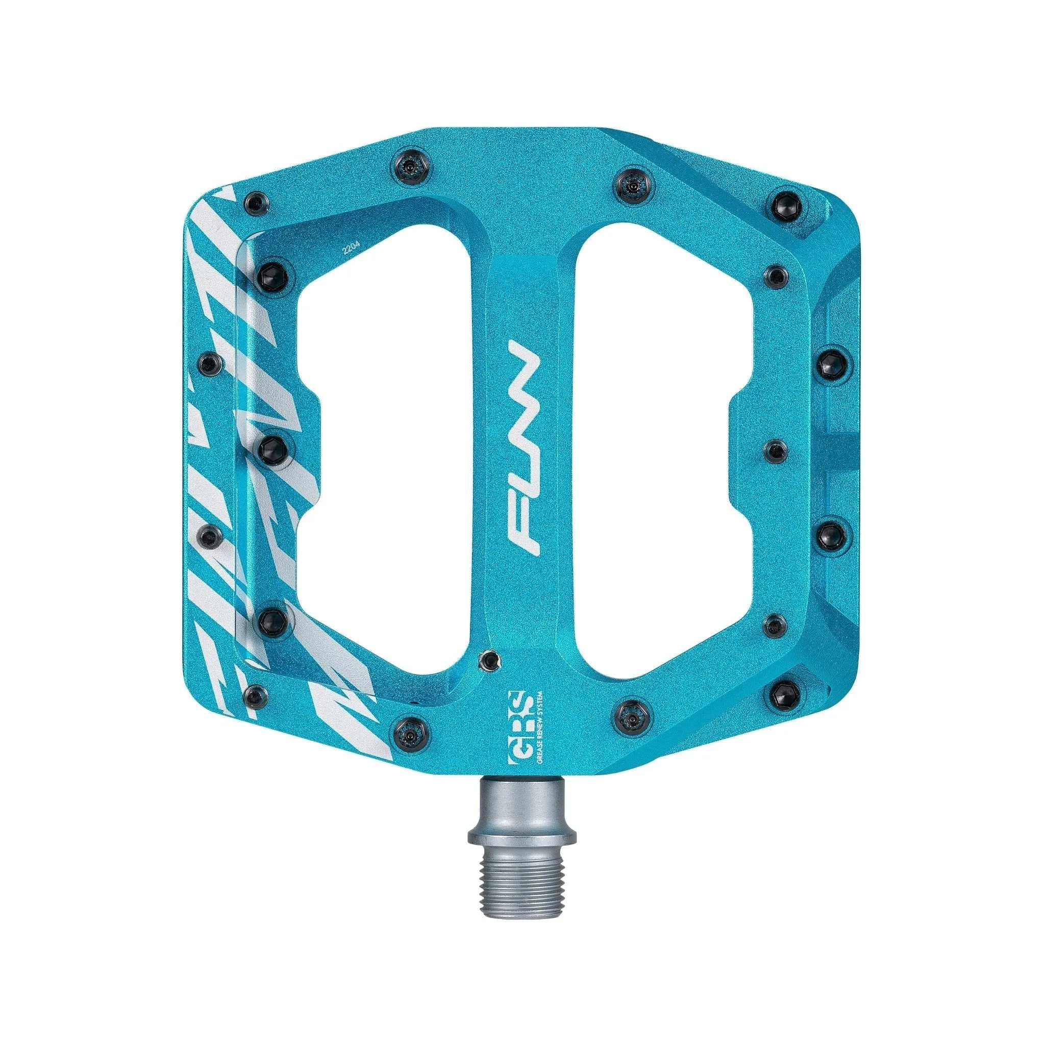 Funn mountain bike components - Funndamental Flat Pedals Turquoise in a white background.