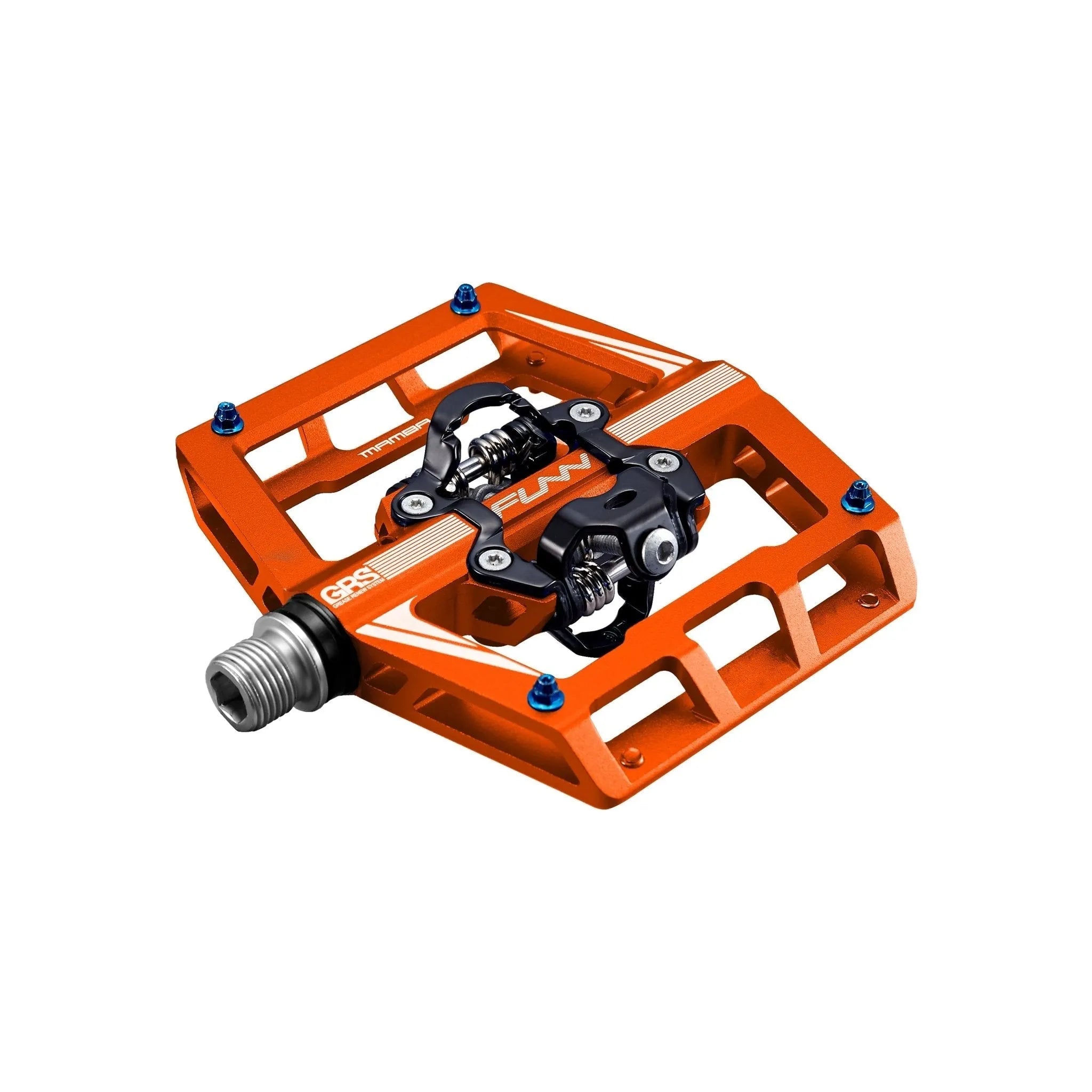 Funn mountain bike components - Mamba Clipless Pedals Orange Double side in a white background.