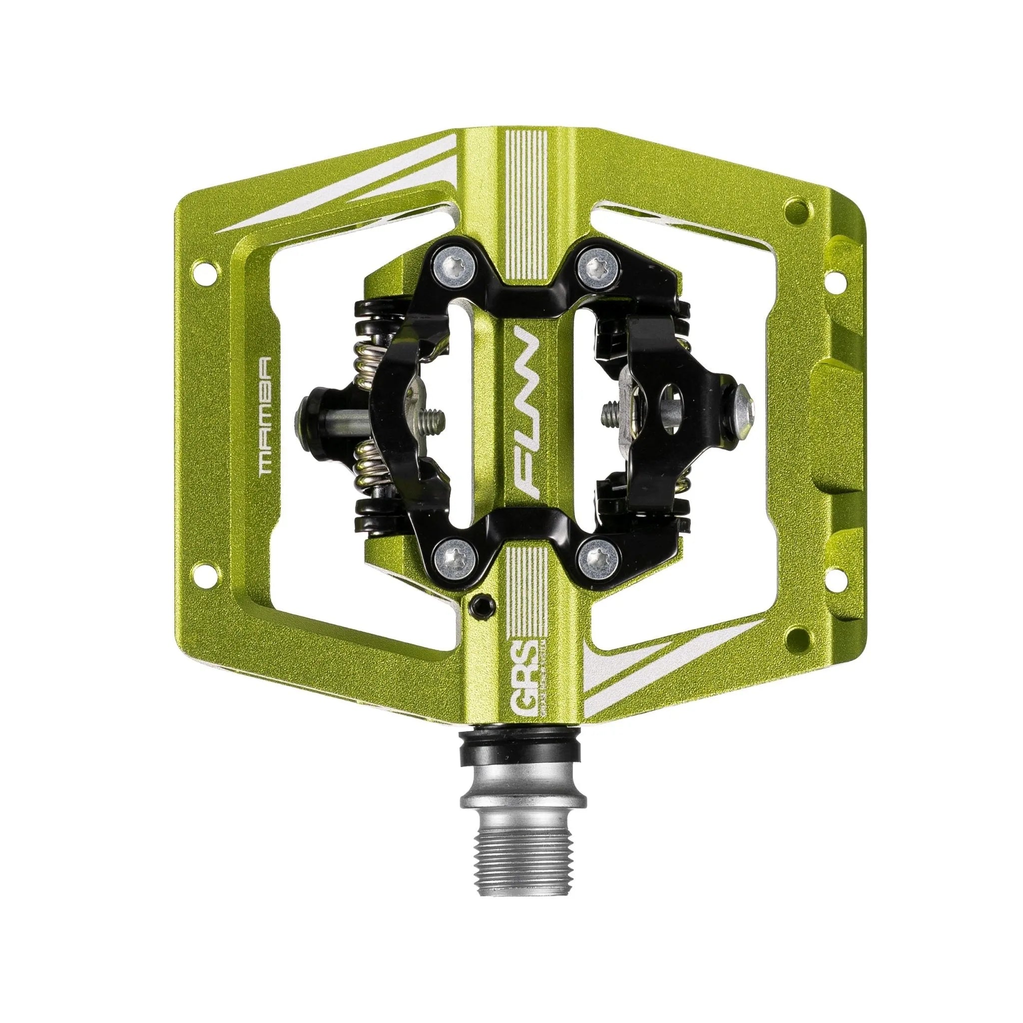 Funn mountain bike components - Mamba S Clipless Pedals Green Clip Double side in a white background.