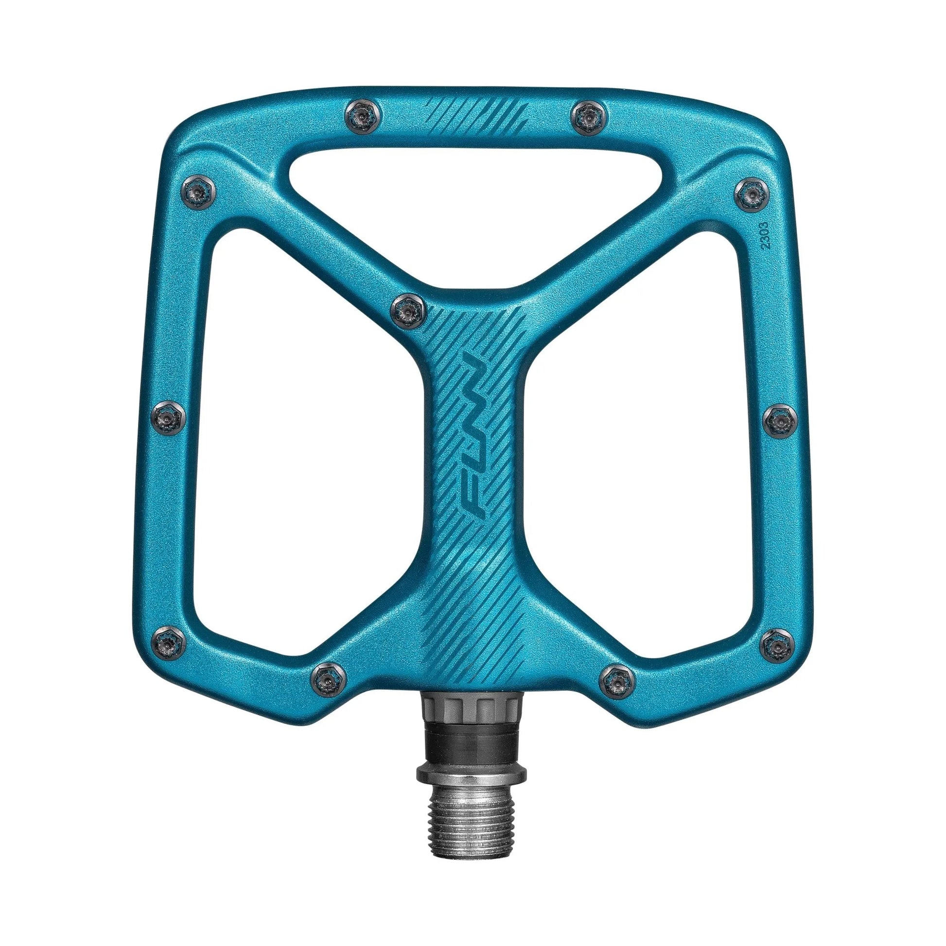 Funn mountain bike components - Python Flat Pedals Turquoise in a white background.