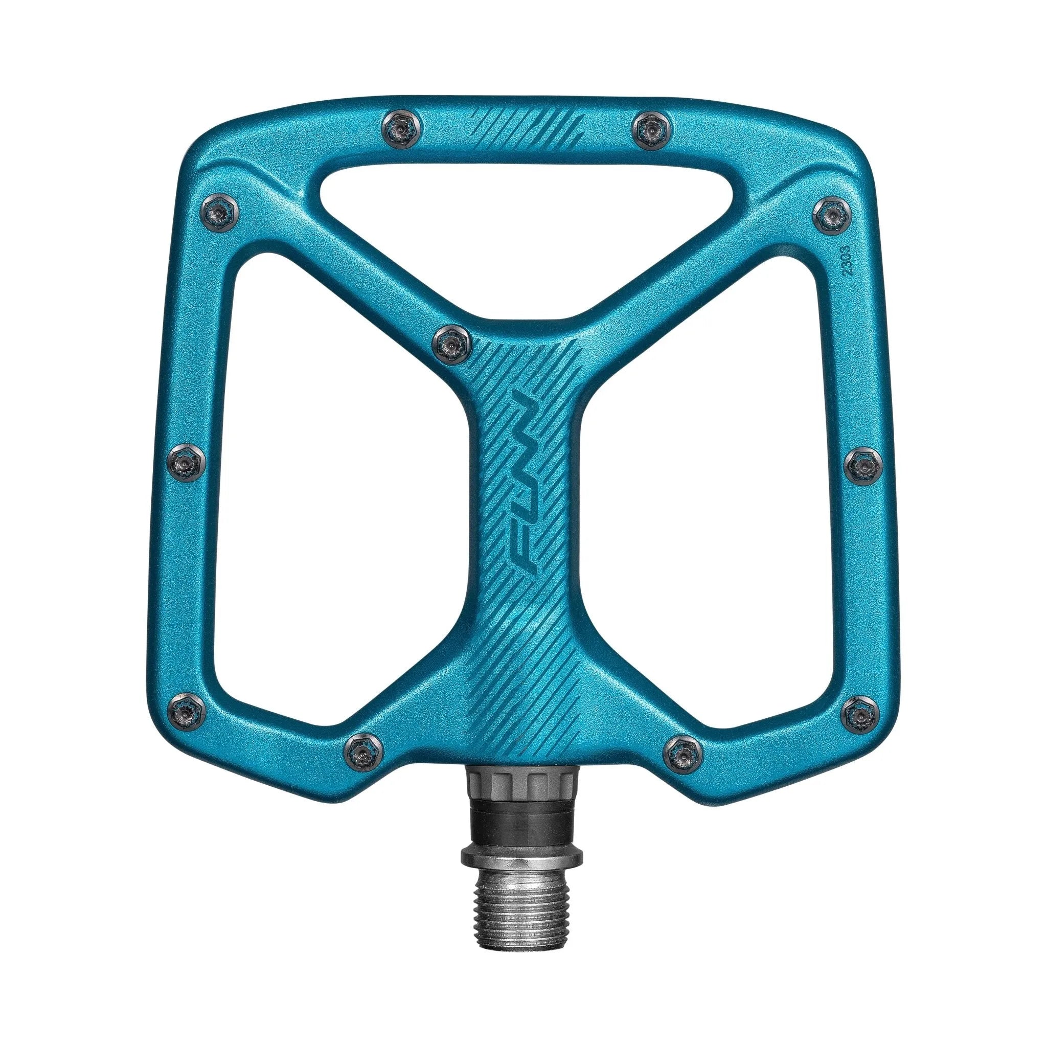 Funn mountain bike components - Python Flat Pedals Turquoise in a white background.