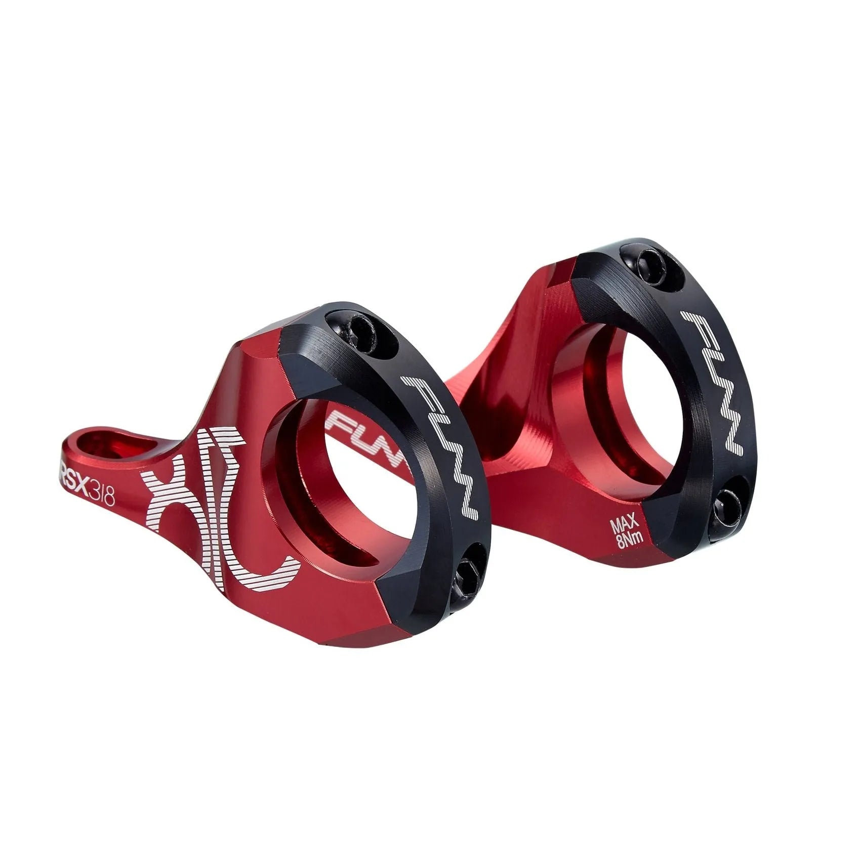 Two RSX Direct Mount Stems in red and black, made from AL6061 with white FUNN branding and engraved details, are placed side by side on a white background.