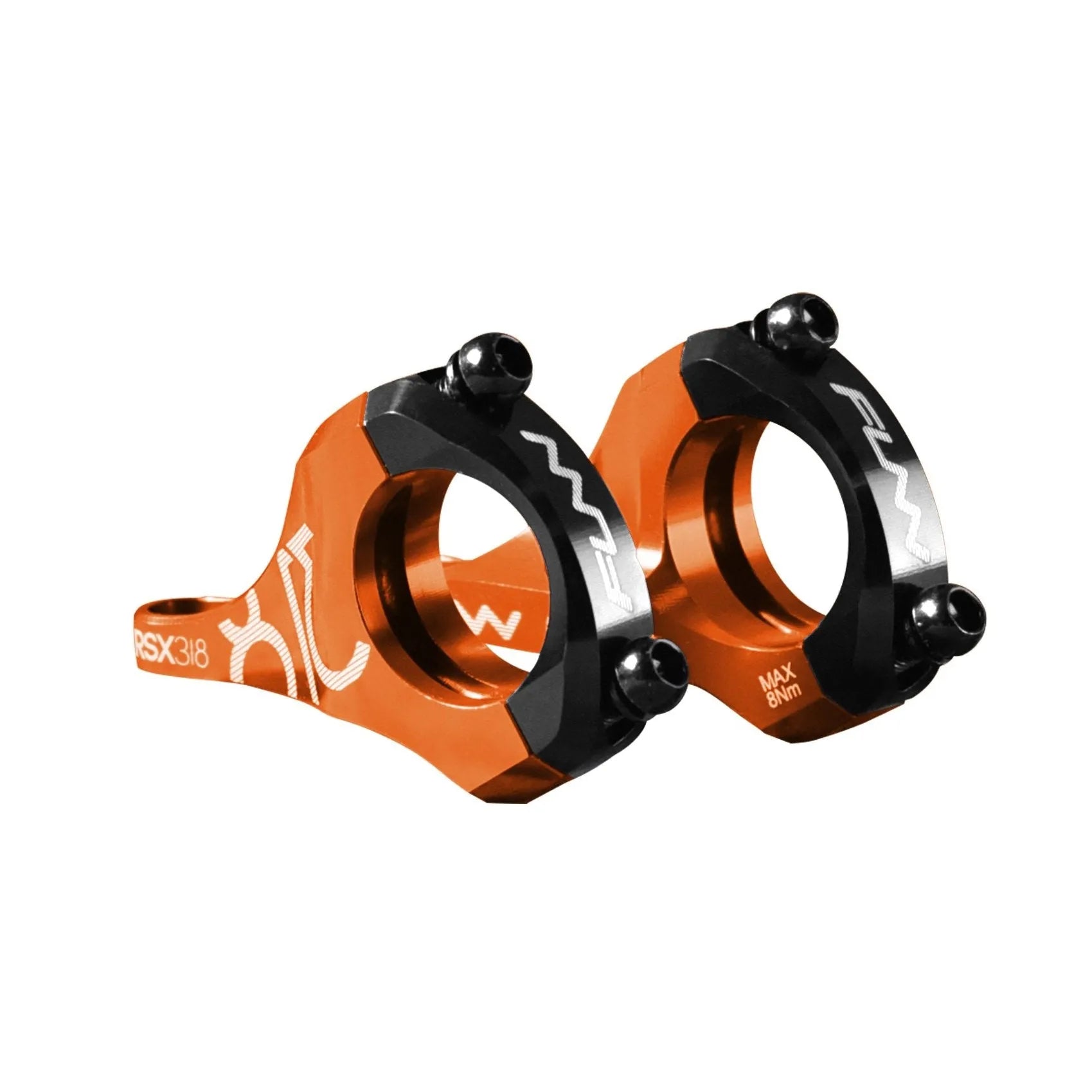 Two orange and black anodized AL6061 aluminum Funn RSX Direct Mount Stem with bolts, featuring the PM logo and white markings, are shown side by side on a white background.
