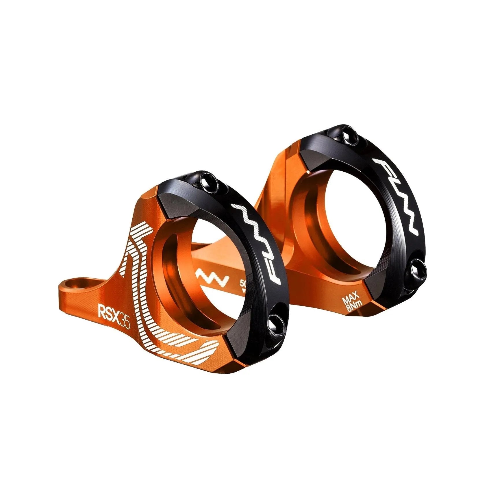 Two orange and black Funn RSX Direct Mount Stem clamps, made of AL6061 aluminum with modern angular design and white accents, labeled Funn RSX and RSX35, designed for mountain biking or downhill use, isolated on a white background.
