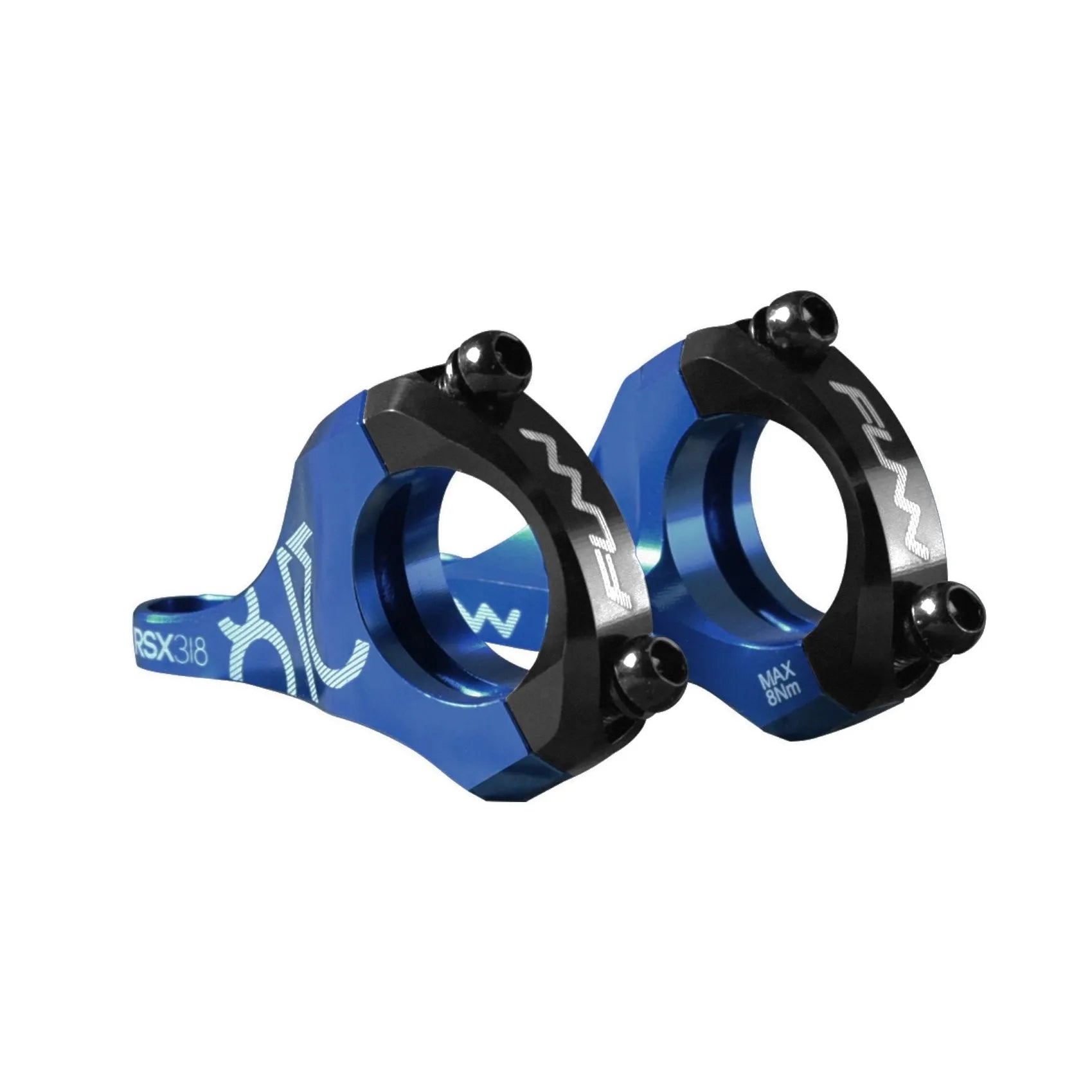 A pair of Funn RSX Direct Mount Stem in blue and black with white logo markings and visible bolts, displayed against a white background.