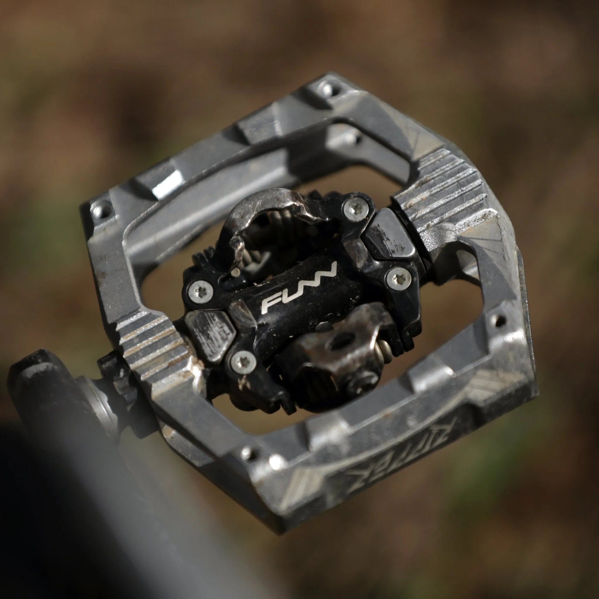 Funn mountain bike components - Ripper Clipless Pedals Black in a white background.
