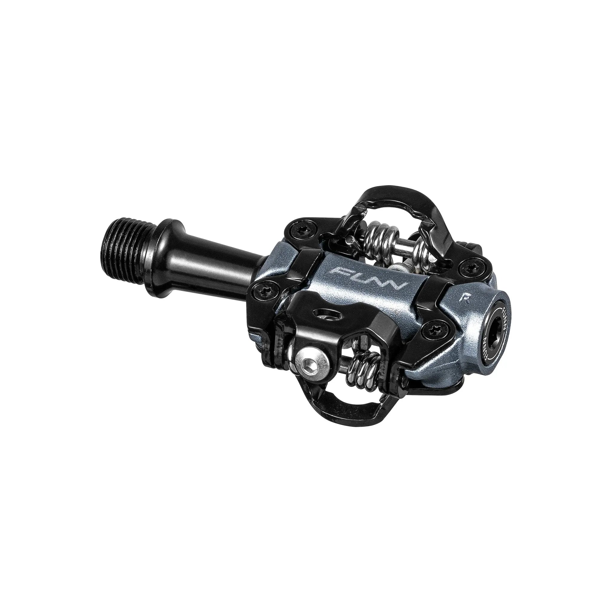 Funn Tactic Clip-In Pedal in silver, SPD-compatible pedals from FUNN, made with lightweight aluminum, a metal spindle, and dual spring-loaded binding mechanisms.