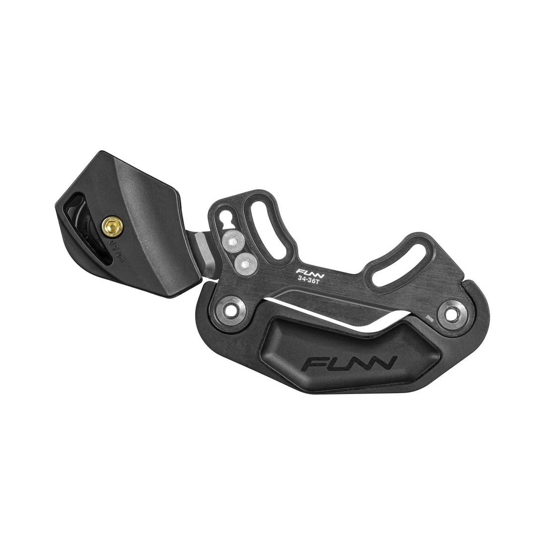 Funn Zippa LG Chain Guide, featuring a durable metal and plastic build, CNC-machined alloy backplate, mounting holes, and a protective lower section in black, is displayed against a white background.