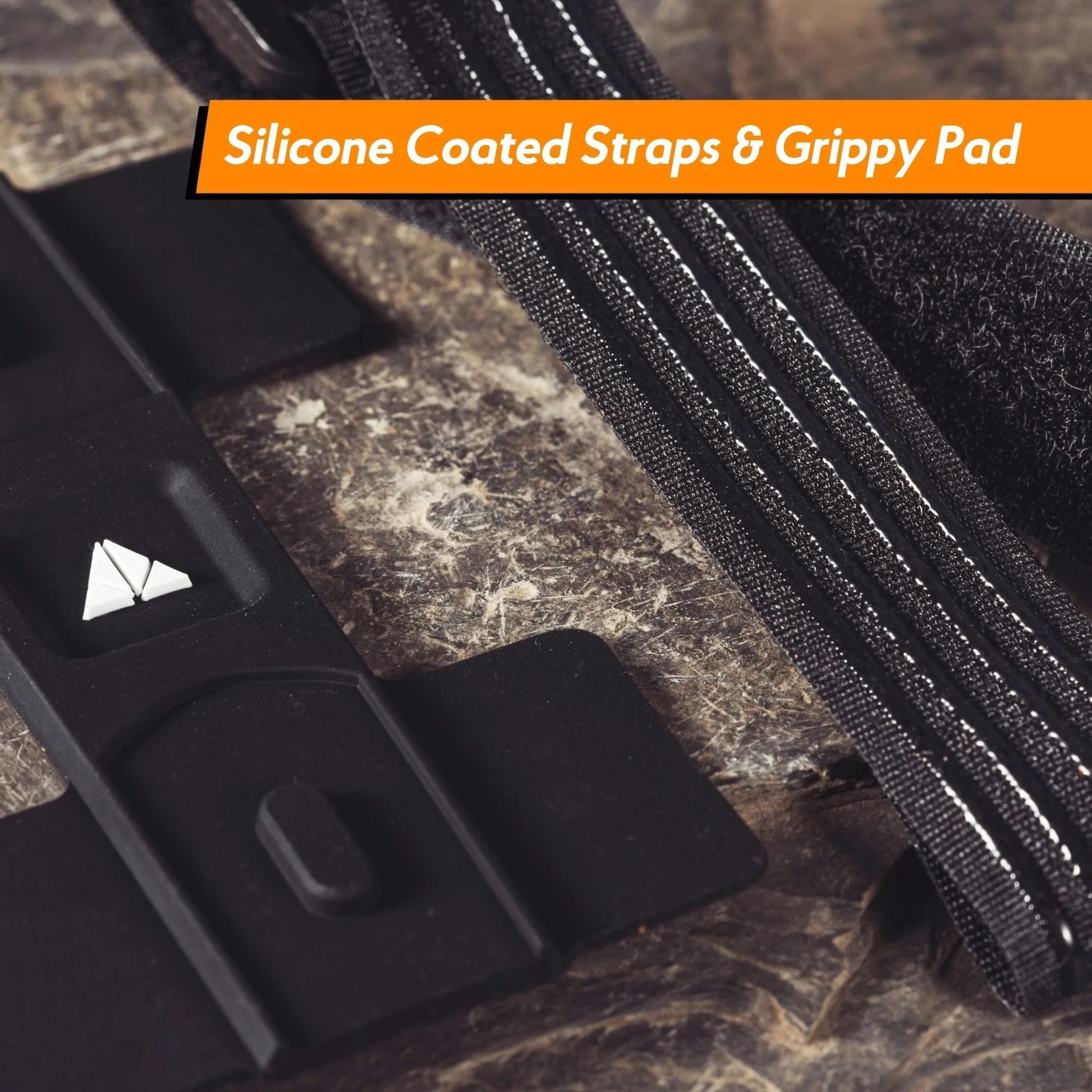 Close-up of Granite's silicone-coated straps with a grippy pad, showcasing the durable and secure design.