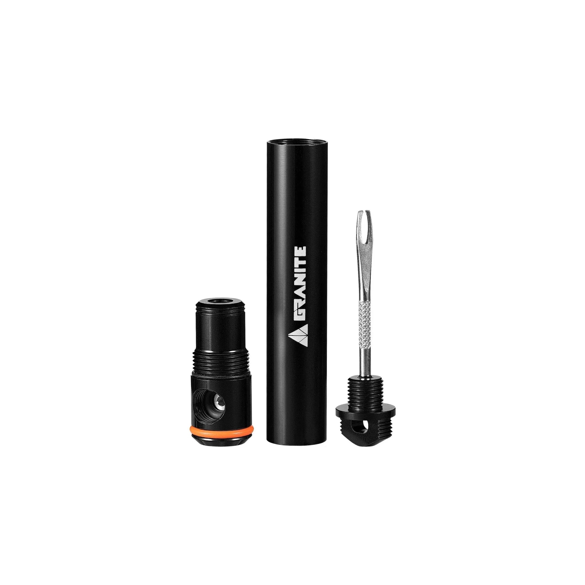 Granite Suture Aero is a compact MTB tool with CO2 inflator, dual-size plugs, and Presta core remover for fast tire repair.